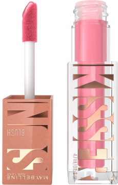 Płynny róż Maybelline Sunkisser Blush 05 Blazing Blush w otwartej butelce, z wyjętym aplikatorem gąbeczkowym.