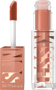 Płynny róż Maybelline Sunkisser Blush, brzoskwiniowy, z aplikatorem obok zamkniętej butelki.
