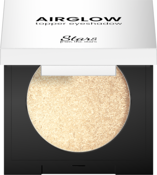 AIRGLOW topper eyeshadow Daylight w otwartym czarnym kompakcie z białym wieczkiem, okrągły złoty pyłek.