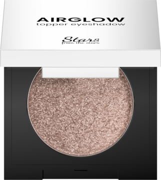 Airglow topper eyeshadow Twilight w otwartym czarno-białym opakowaniu. Błyszczący, brązowo-złoty cień do powiek.