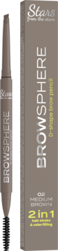 Stars Browsphere automatyczna kredka do brwi D-shape 02 Medium Brown 2w1, obok beżowe opakowanie.