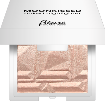 Biały rozświetlacz Moonkissed Stars baked highlighter Dry Champagne, otwarty, z geometrycznym wzorem.