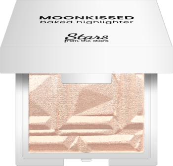 Moonkissed baked highlighter 02 Apricot champagne w otwartym białym kompakcie, widok z góry, z fasetowaną teksturą.