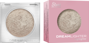 Stars Dreamlighter 02 Champagne Fizz rozświetlacz w srebrnym kompakcie, obok różowego pudełka z okienkiem.