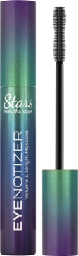 Pogrubiająco-wydłużająca czarna maskara Stars from The Stars Eyenotizer w butelce ombre fiolet-zieleń, obok szczoteczka.