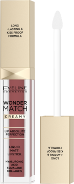 Eveline Wonder Match Creamy Liquid Matt Lipstick, clear tube, gold cap. Kiss-proof long-lasting formula box.