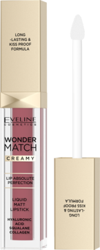Eveline Wonder Match, widok z przodu, płynna pomadka matowa w różowej butelce z złotym wieczkiem. Kiss-proof.