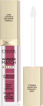 Eveline Wonder Match matowa pomadka w płynie, różowa, otwarta. Długotrwała, kiss-proof formuła z kwasem hialuronowym.