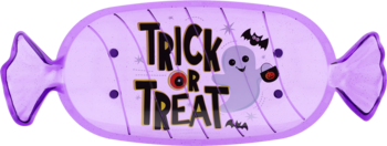 Fioletowa taca na słodycze Halloween w kształcie cukierka z napisem "TRICK OR TREAT", wesołym duszkiem i nietoperzami.