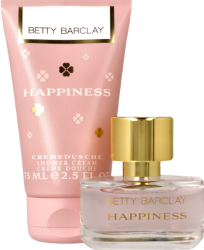 Zestaw upominkowy Betty Barclay Happiness: różowy krem pod prysznic i woda toaletowa, złote detale, z przodu.