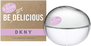 DKNY Be Delicious 100ml EDP w przezroczystym, jabłkowym flakonie, obok brązowego pudełka z różowym paskiem.