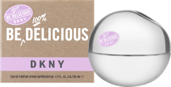 DKNY Be Delicious 100ml damska woda perfumowana, pudełko kraft i biały flakon jabłko, widok z przodu.