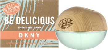 DKNY Be Delicious Coconuts About Summer woda toaletowa: flakon z drewnianym korkiem-kokosem, obok beżowe pudełko.