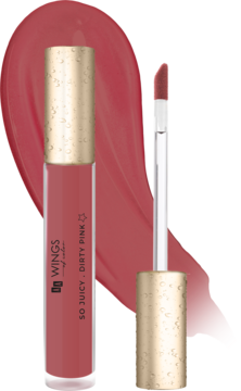 Błyszczyk do ust So Juicy Dirty Pink: zamknięta tubka, otwarta z aplikatorem, obok duży swatch koloru.
