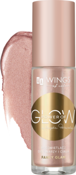 Rozświetlacz Power of Glow Fancy Glam w eleganckiej różowo-złotej butelce, widok z przodu obok swatchu.