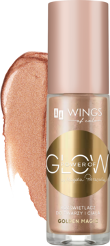 Złocisty rozświetlacz Power of Glow Golden Magic do twarzy i ciała w butelce, obok błyszcząca smuga.