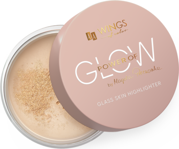 Otwarty pudrowy rozświetlacz Power of Glow, Glass Skin, w beżowym odcieniu, z różową pokrywką obok, widok z góry.