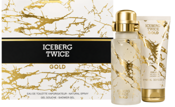 Iceberg Twice Gold męski zestaw: woda toaletowa, żel. Biało-złote marmurowe opakowanie, widok z przodu.