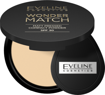 Otwarty, czarny puder Eveline Wonder Match Matt SPF 30 z beżowym wkładem i gąbką, widok z góry.