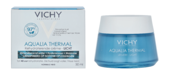 Vichy Aqualia Thermal krem nawilżający z kwasem hialuronowym. Widoczne białe pudełko i niebieski słoiczek. 97% składników naturalnych.