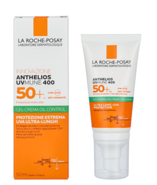 La Roche-Posay Anthelios UVMune 400 SPF 50+ żel-krem oil control w białej tubce, obok pomarańczowego pudełka.