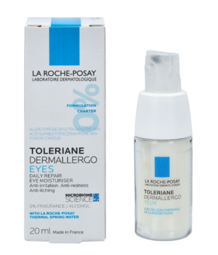 Białe opakowanie i butelka nawilżającego kremu pod oczy La Roche-Posay Toleriane Dermallergo Eyes 20ml, stojące pionowo.