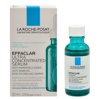 La Roche-Posay Effaclar Ultra Concentrated Serum: zielono-niebieska butelka z pipetą i białe opakowanie. Serum dla cery trądzikowej.