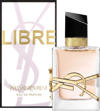Yves Saint Laurent Libre Eau de Parfum, białe pudełko, butelka ze złotym logo YSL i czarną asymetryczną nakrętką.