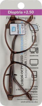 Brązowe okulary komputerowe +2.50 dioptrii z filtrem Blue Block, widok z przodu na opakowaniu.