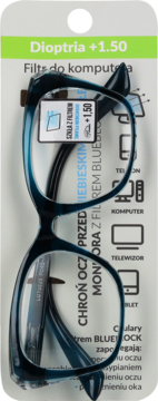 Niebieskie okulary komputerowe +1.50 z filtrem Blue Block na białym opakowaniu, widok z przodu.