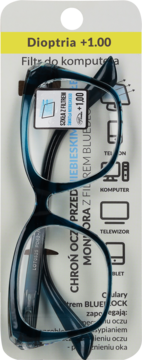 Niebieskie okulary +1.00 z filtrem światła niebieskiego, na białym opakowaniu detalicznym z żółtym paskiem.