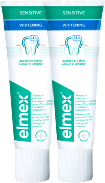 Dwie białe tubki pasty Elmex Sensitive Whitening z aminofluorkiem, do wrażliwych zębów, widok z przodu.