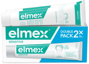 Biała pasta Elmex Sensitive 2x75ml, podwójny zestaw w pudełku, jedna tubka częściowo wysunięta.