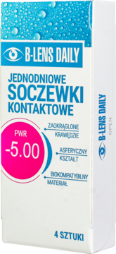 Białe pudełko soczewek B-Lens Daily PWR -5.00, jednodniowe, z niebieskim napisem i różowym kółkiem.