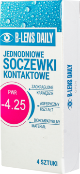 Białe opakowanie soczewek B-Lens Daily -4.25, jednodniowe, 4 sztuki. Widok z przodu i z boku.
