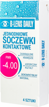 Białe opakowanie jednodniowych soczewek B-Lens Daily -4.00 PWR z niebieskimi kroplami wody na górze.