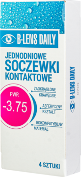 Białe opakowanie B-Lens Daily jednodniowych soczewek z oznaczeniem PWR -3.75, widoczne pod kątem.