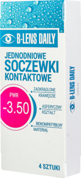 Białe opakowanie soczewek B-Lens Daily -3.50, jednodniowych, z różową etykietą mocy i 4 sztukami.