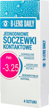 B-Lens Daily soczewki kontaktowe jednodniowe, moc -3.25. Białe opakowanie z niebieskim logo oka, widok z przodu.