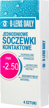 Białe opakowanie soczewek B-Lens Daily jednodniowych, -2.50 PWR, z niebieskim napisem i różowym kółkiem, widok z przodu.