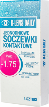Białe opakowanie B-LENS DAILY soczewek kontaktowych z różowym oznaczeniem PWR -1.75, widok z przodu.