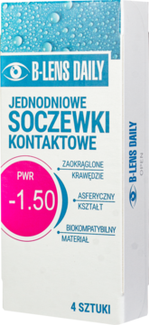 Białe opakowanie soczewek B-Lens Daily -1.50, jednodniowych, 4 sztuki. Z różowym okręgiem i tekstem o kształcie, materiale. Widok z przodu.