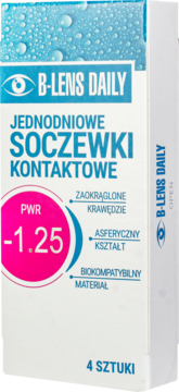 B-Lens Daily jednodniowe soczewki kontaktowe -1.25, 4 sztuki, w biało-niebieskim opakowaniu z kroplami.