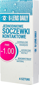 B-Lens Daily jednodniowe soczewki kontaktowe, PWR -1.00, białe opakowanie z niebieskimi detalami, widok z przodu.