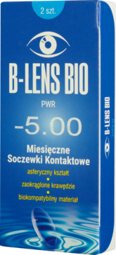 Niebieskie opakowanie B-LENS BIO, miesięczne soczewki kontaktowe -5.00 PWR, 2 szt., asferyczne, widok z przodu.