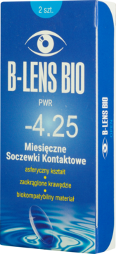 B-LENS BIO miesięczne soczewki kontaktowe o mocy -4.25, niebieskie pudełko, 2 sztuki, widok z przodu.
