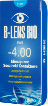 B-lens Bio miesięczne soczewki -4.00 w niebieskim pudełku (2 szt.) z logo oka, widok z przodu.