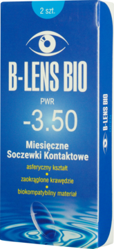 Niebieskie opakowanie miesięcznych soczewek B-Lens Bio PWR -3.50 (2 szt.), widok z przodu, z logo oka.