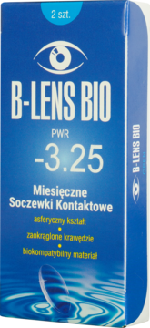 Niebieskie opakowanie B-lens Bio, miesięczne soczewki kontaktowe, moc -3.25, 2 sztuki. Widok z przodu.