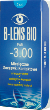 Miesięczne soczewki B-lens Bio PWR -3.00 w niebieskim pudełku z logo oka, 2 szt. Widok z przodu.